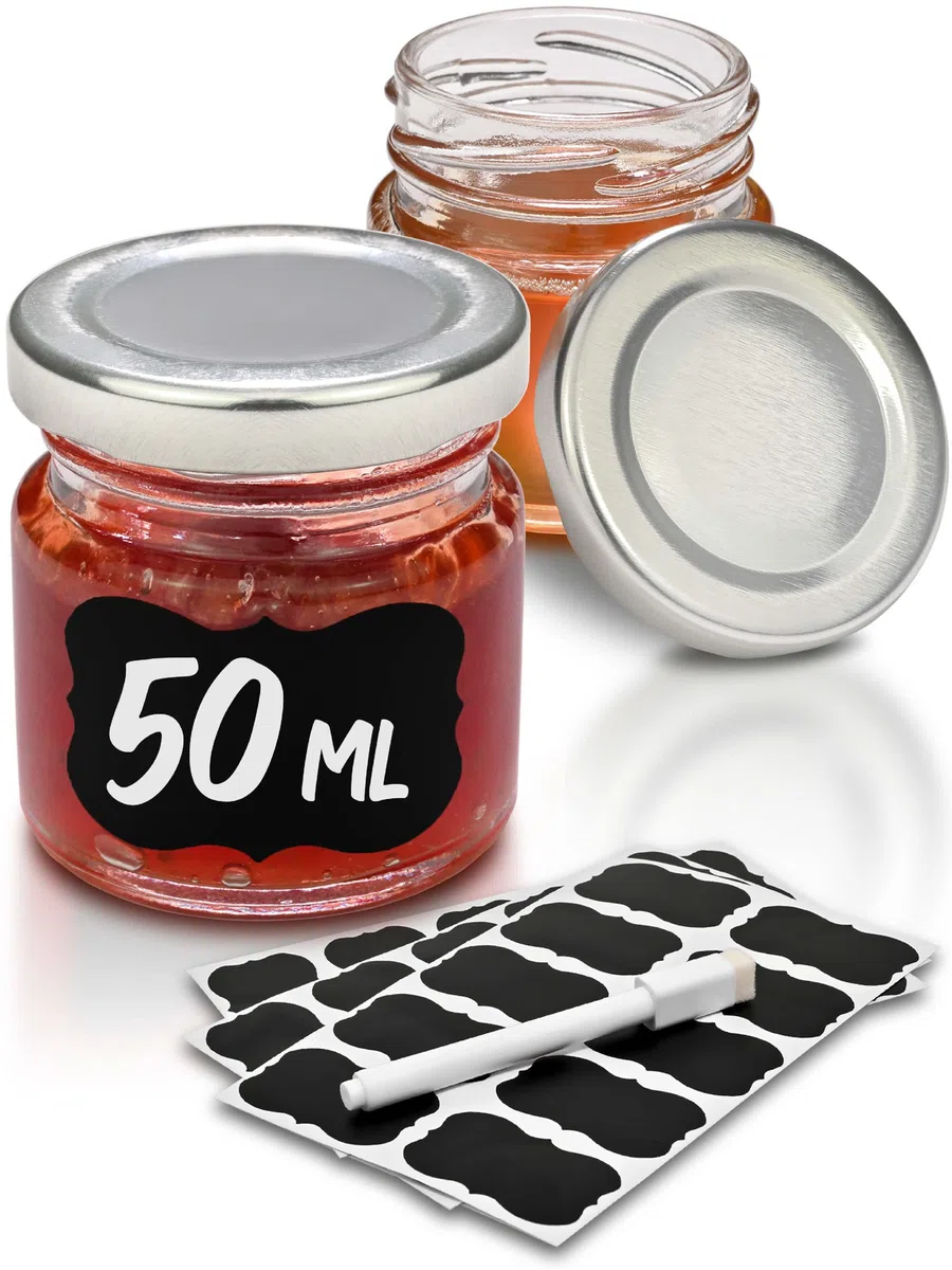 Praknu 24 Vasetti di Vetro Piccoli da 50 ml - Con Etichette e Pennarello - Ermetici - Lavabili in Lavastoviglie - Ideali da Regalare