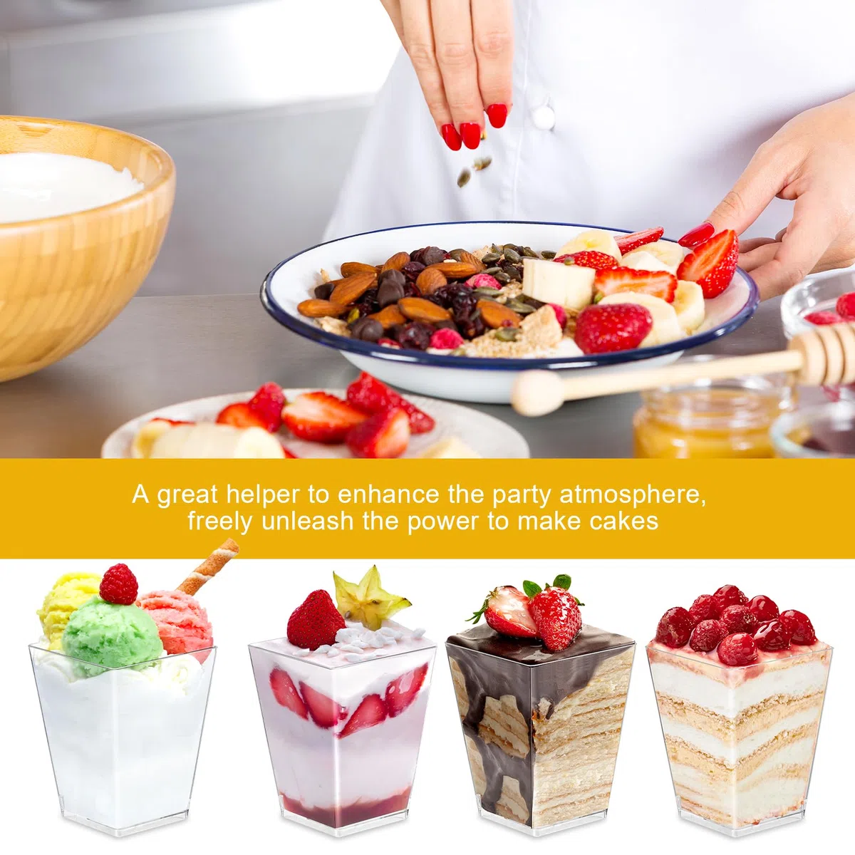 Hejo 50 Pezzi Dessert Bicchieri con Coperchio,160ml Riutilizzabili Bicchieri per Dessert,Ciotoline Monoporzione per Dolci con 50 Cucchiai,Quadrate Coppette Gelato Macedonia Budino