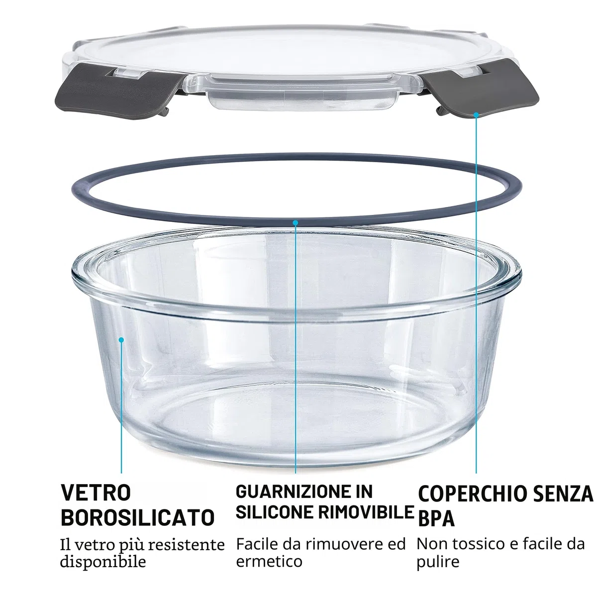 Igluu Meal Prep Contenitori Ermetici per Alimenti in Vetro Tondi con Coperchi (Set da 3) – Senza BPA – Forno, Microonde, Freezer e Lavastoviglie – 400 ml, 650 ml, 950 ml – Vetro Borosilicato