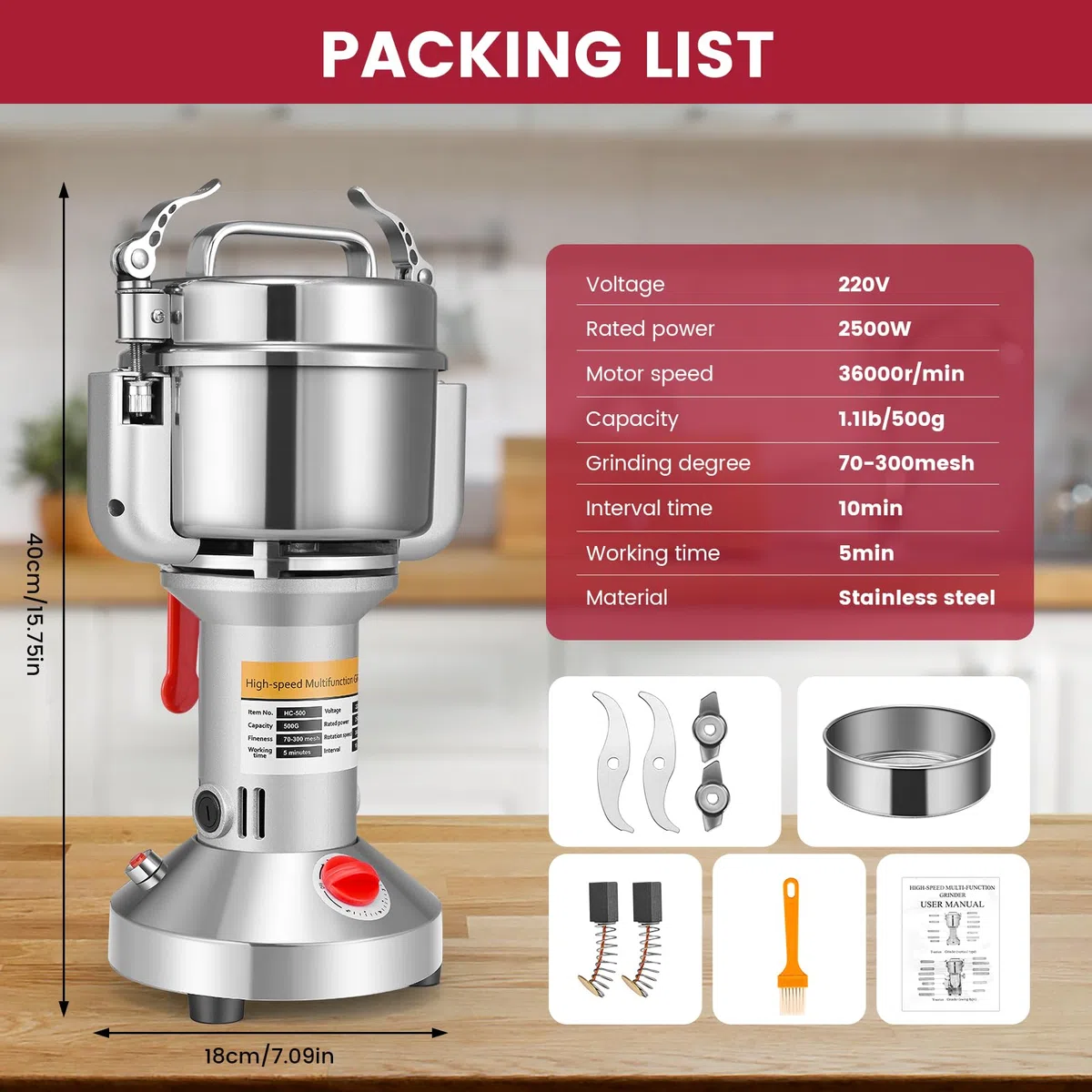 Mulino per Cereali 500g, Trita Pietre ad Alta Velocità 220V, Portable Grinder Elettrico per Farina di Erbe con 3 Lame, per Erbe/Spezie/Noci/Cereali Casa con Protezione da Sovraccarico