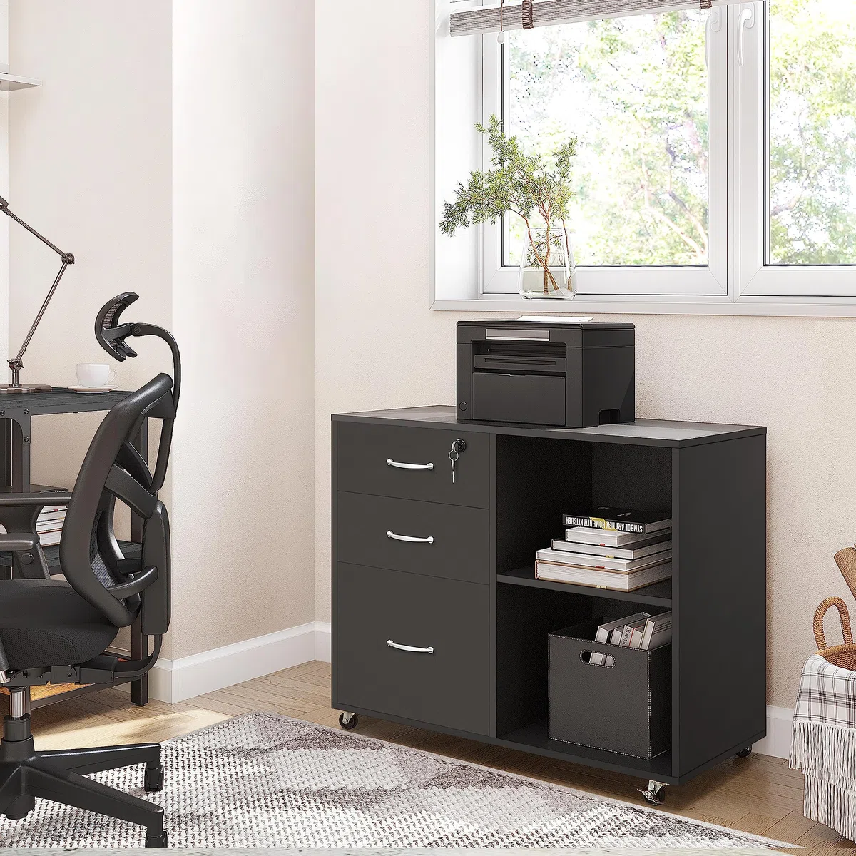 Yaheetech Armadietto Portadocumenti Schedario da Ufficio in Legno con 3 Cassetti Mobile Porta Stampante con Scomparti Mobiletto da Archivio con Ruote 80 x 40 x 65,5 cm Nero