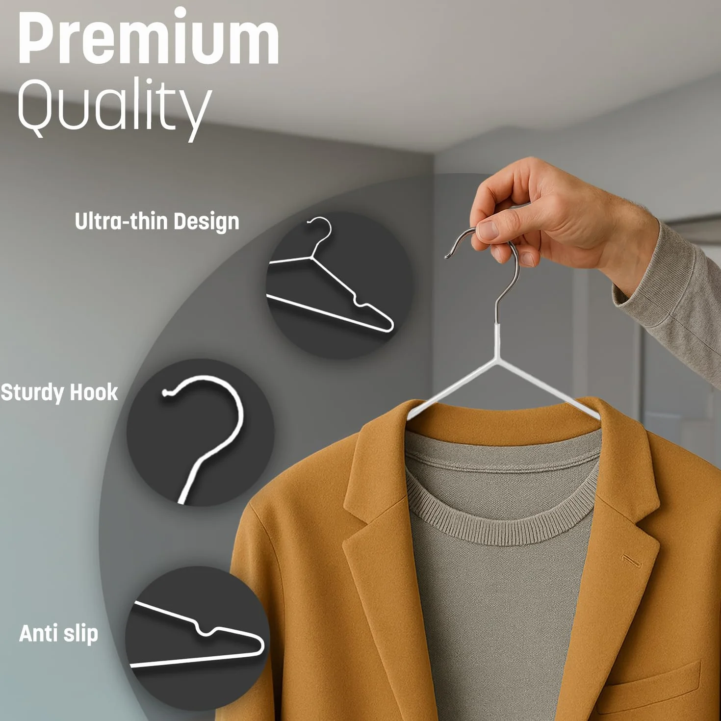 Keplin Grucce Metallo Premium Rivestito in Gomma - Confezione da 20, Salvaspazio, Organizzazione, Robuste Stampelle Abiti per Armadi, Stand Appendiabiti e Binari (Grigio)