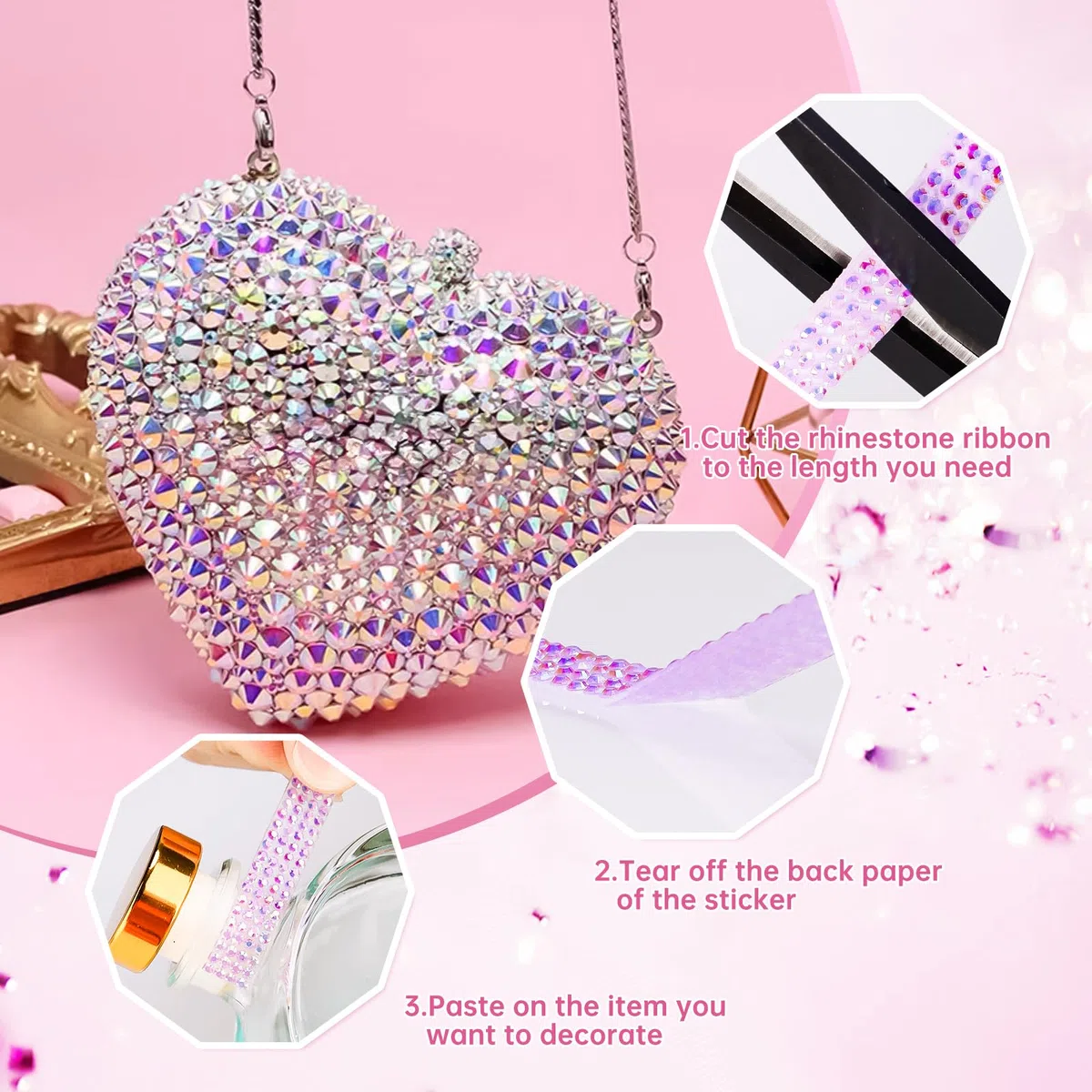 NiArt Set di 12 nastri autoadesivi con strass, 12 m di decorazioni scintillanti, 0,9 cm di larghezza, supporto adesivo facile, per fai da te e decorazioni per la casa