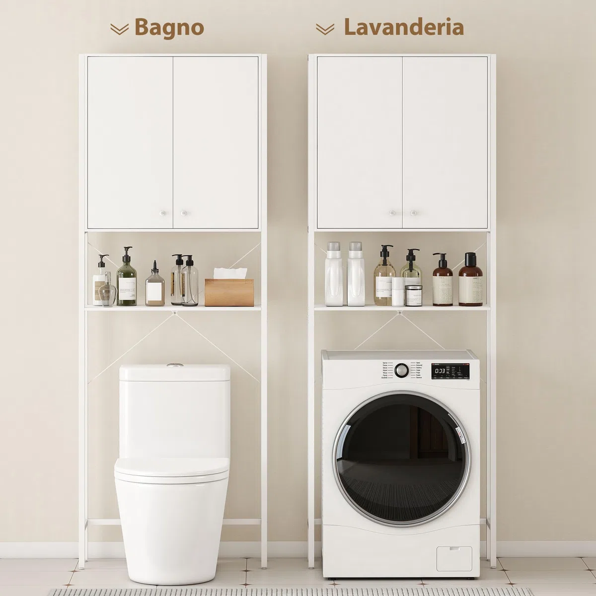 HOMCOM Mobile Bagno Sopra WC con Armadietto e Ripiano Aperto, Mobile Sopra Lavatrice Salvaspazio con Gambe in Metallo, per Bagno e Lavanderia, 64x20x180 cm, Bianco