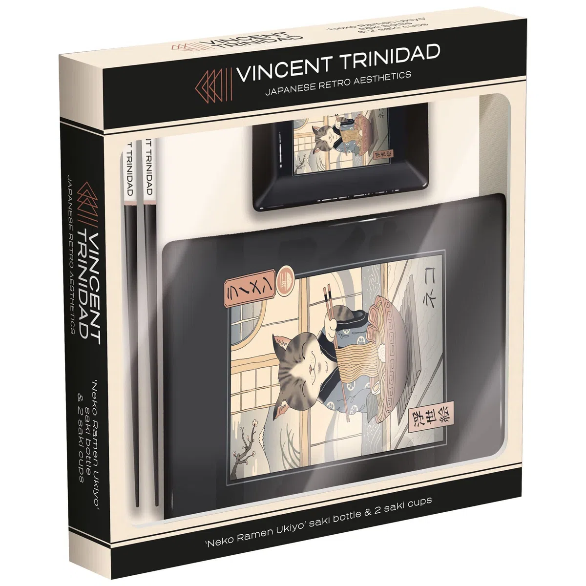 Pyramid International Vincent Trinidad GP85783 - Set per sushi con vassoio in ceramica, vassoio per salse e bacchette in legno laccato, motivo gatto Neko, prodotto ufficiale