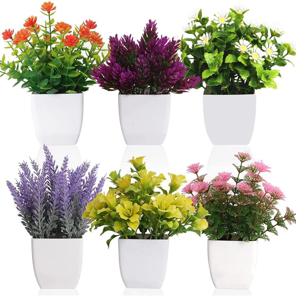 Confezione da 6 piante artificiali in vaso, piccole piante finte da interni, con vaso di plastica, per casa, ufficio, scrivania, tavolo, decorazione (fiore)