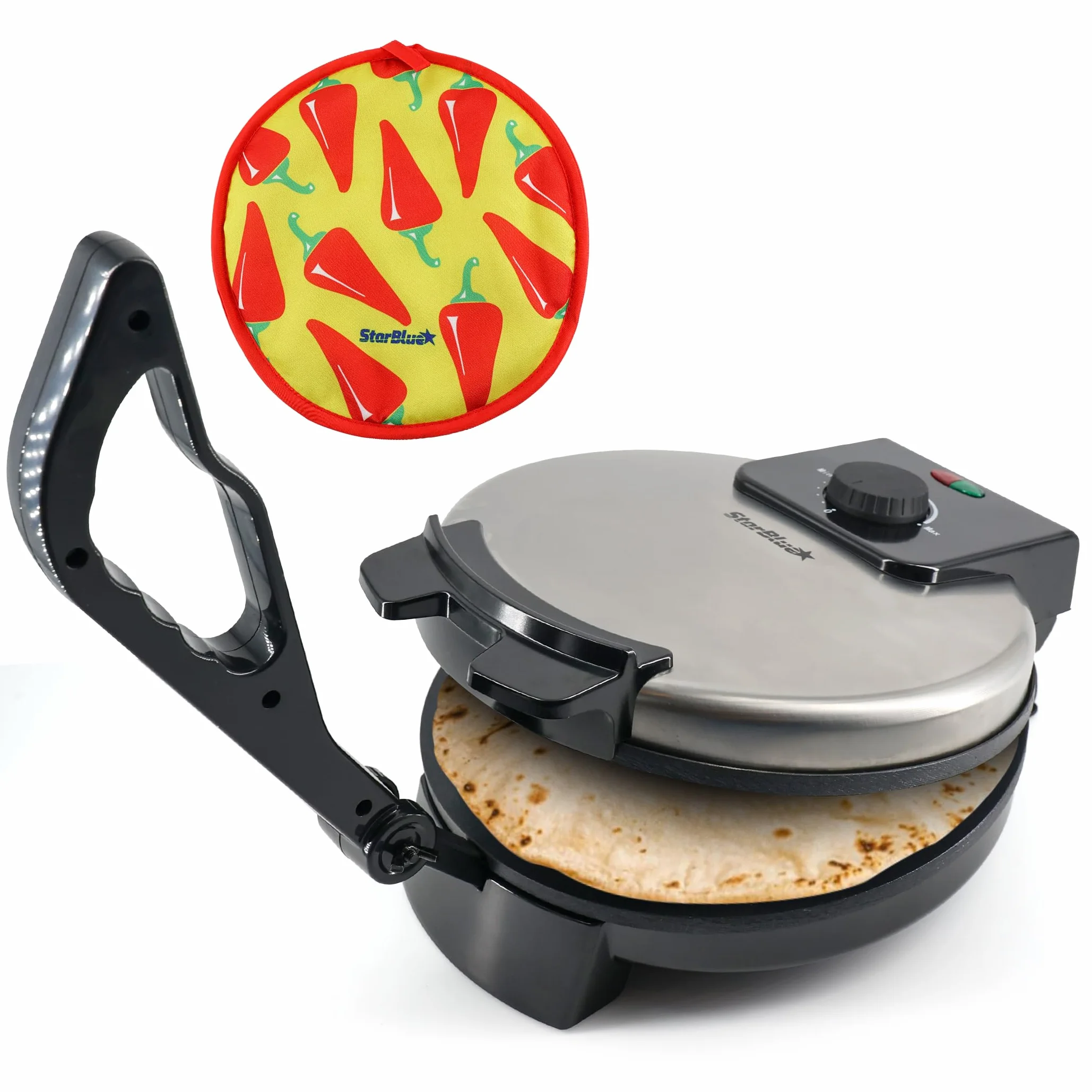 StarBlue Roti-Maker 25,4 cm con riscaldatore Roti gratuito e manico rimovibile - Indian Chapati Tortilla, Roti AC220-240 V 50/60 Hz 1200 W, spina europea