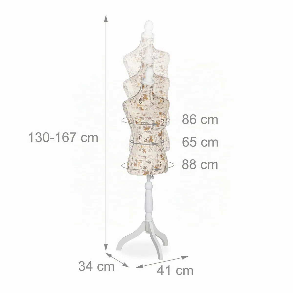 Relaxdays Manichino Sartoriale da Donna da Cucito, Altezza Regolabile HLP 167x41x34 cm, Busto da Sarta, Sartoria, Crema