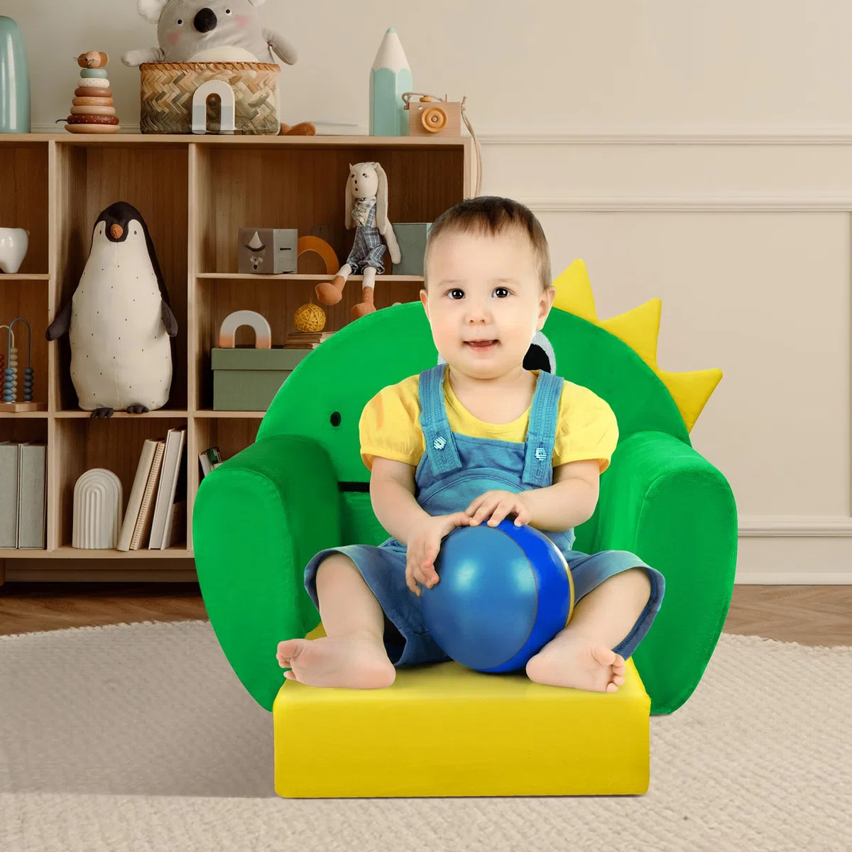 Poltroncina per Bambini 2-in-1,Cartoon Comodi Sedia Bambini,Morbido Letto Bambina per Soggiorno, Sala Giochi,Dinosauro Verde