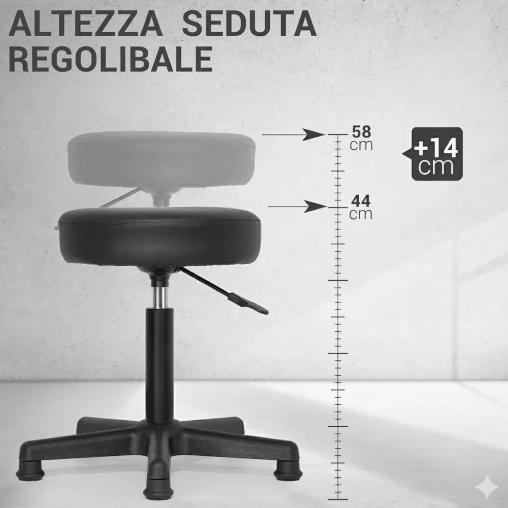 Sgabello girevole senza ruote - Altezza regolabile 44-58 cm - Piedi Fisse - Seduta comoda similpelle nera - Stabile per casa e postazione di lavoro