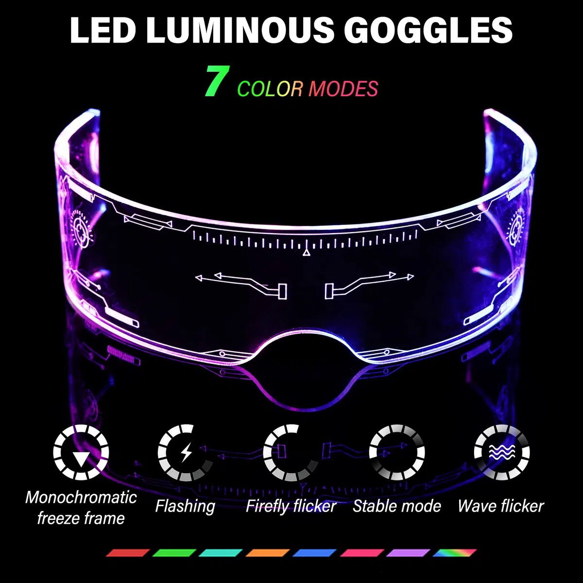 2 paia di occhiali Cyberpunk LED, occhiali LED luminosi, occhiali Rave a 7 colori e 4 modalità, occhiali luminosi per feste, occhiali da festa per cosplay di Cyberpunk, bar, club, Halloween