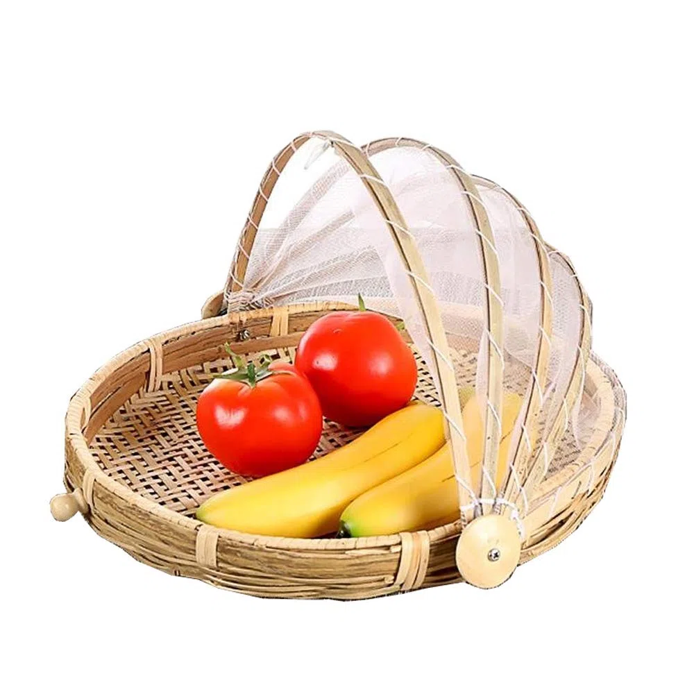 Cestino in bambù intrecciato a mano con copertura in rete, per coprire e servire il cibo, a prova di insetti, antipolvere, per pane, frutta e verdura, Bambù, Stile 3, Dia.30cm