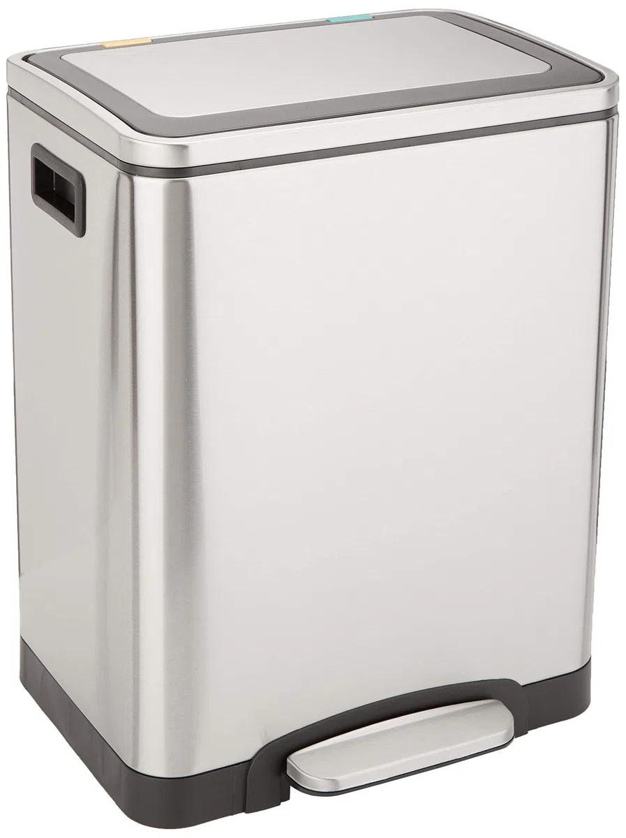 Amazon Basics Pattumiera 30 L (2 x 15 L) Rettangolare con due scomparti e pedale in tubo d'acciaio - chiusura ammortizzata con coperchio, per cucina, bagno o ufficio, in acciaio inossidabile