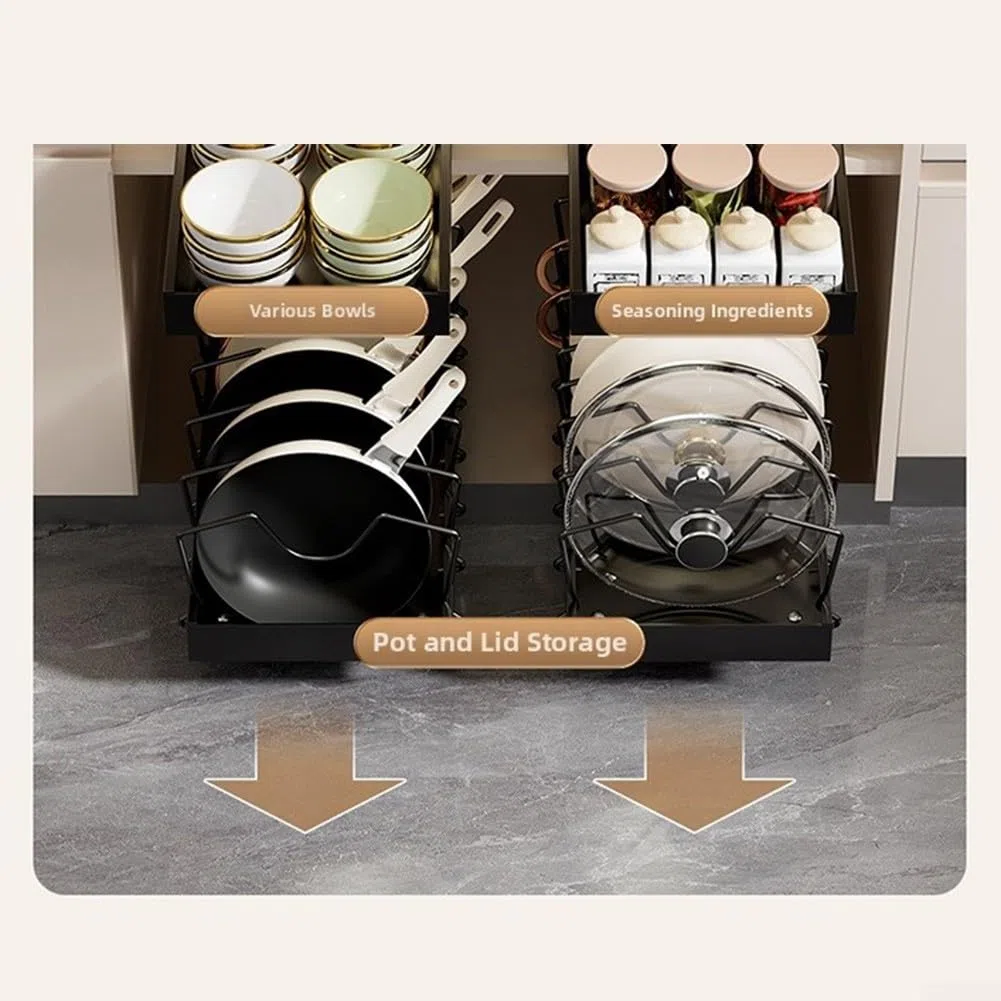 Scaffale scorrevole estraibile per mobili da cucina, progettato per contenere pentole, padelle, coperchi e set di piatti (B nero)