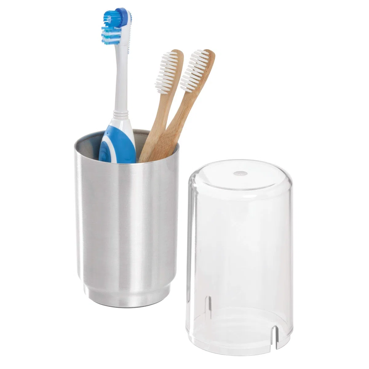 iDesign Austin Portaspazzolino Bagno da appoggio, Porta spazzolini con Coperchio in Metallo e plastica, Trasparente/Argento Opaco, 7,6 cm di diametro x 22,9 cm