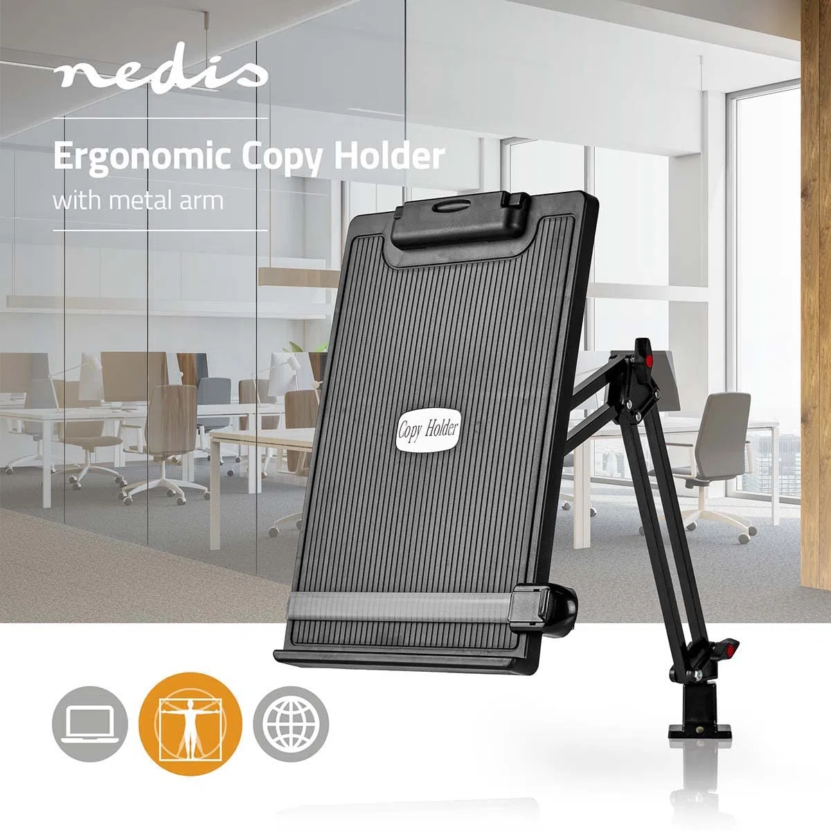 NEDIS Portadocumenti ergonomico | Completamente mobile | Supporto da tavolo | Nero Grigio/Nero, ERGOCH300BK