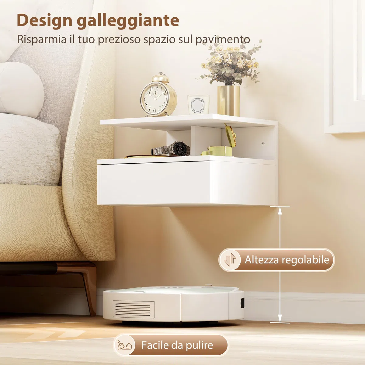 HOMCOM Set di 2 Comodini Camera da Letto Sospesi con Cassetto e Scomparto Aperto, Coppia di Comodini Moderno in Legno, Tavolini per Divano, Soggiorno, Salotto e Camera, 35x32x22.5 cm, Bianco
