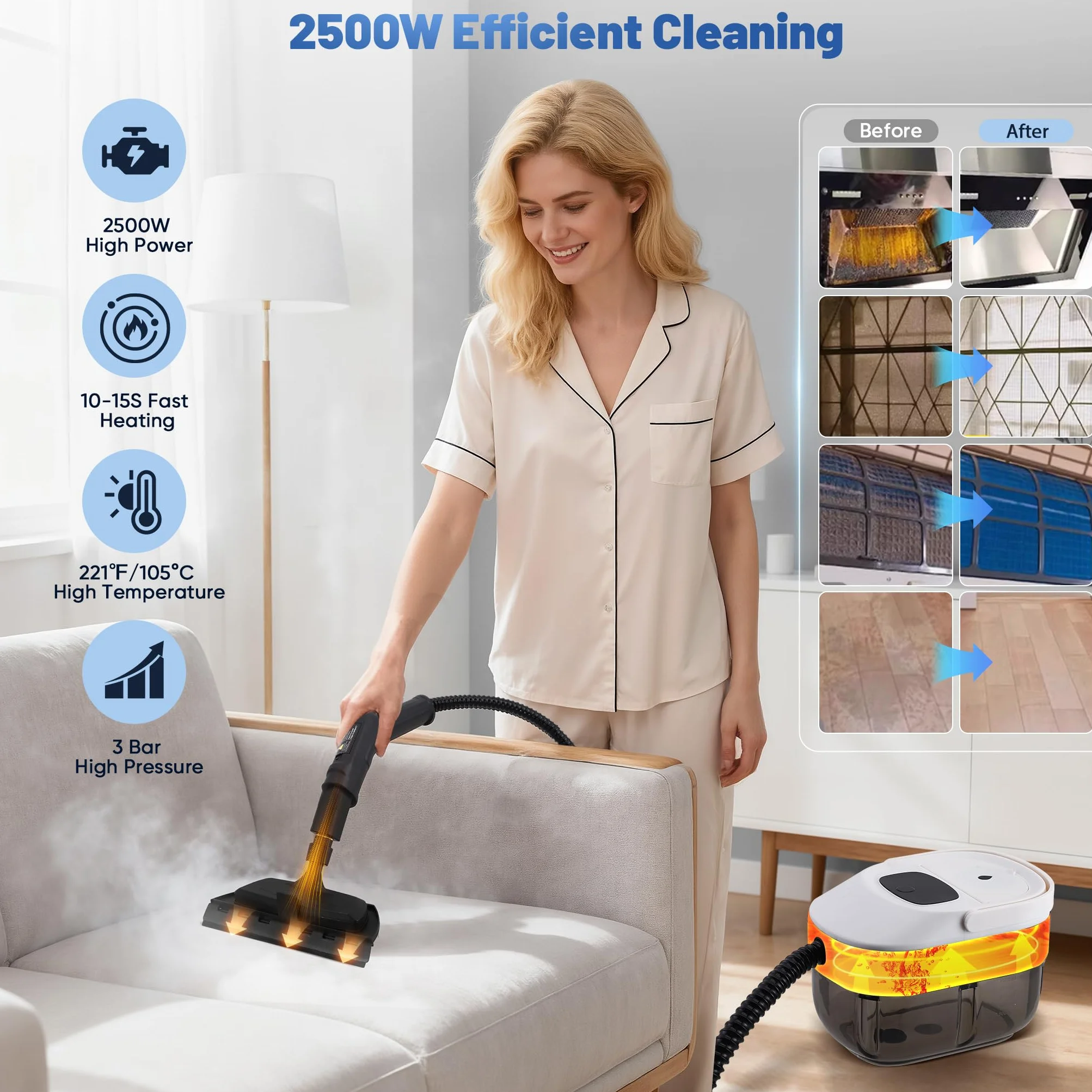 Pulitore a Vapore Portatile 2500 W, 6 Spazzole, Serbatoio 1600 ml, Pulitore a Vapore 3 Bar, con 3 Velocità Regolabili, per la casa multiuso, per finestre, cappe, tessuti