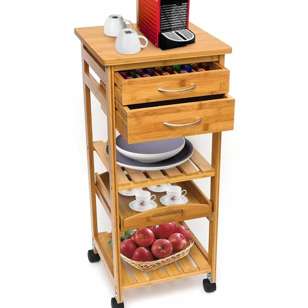 BAKAJI Carrello Cucina in Legno di bambù con Ripiano Top Solido Tagliere utile per appoggio Macchina da caffè, Tavolino Cucina da Servizio in Bamboo 4 Ruote girevoli,Vassoio Estraibile, 3 Ripiani