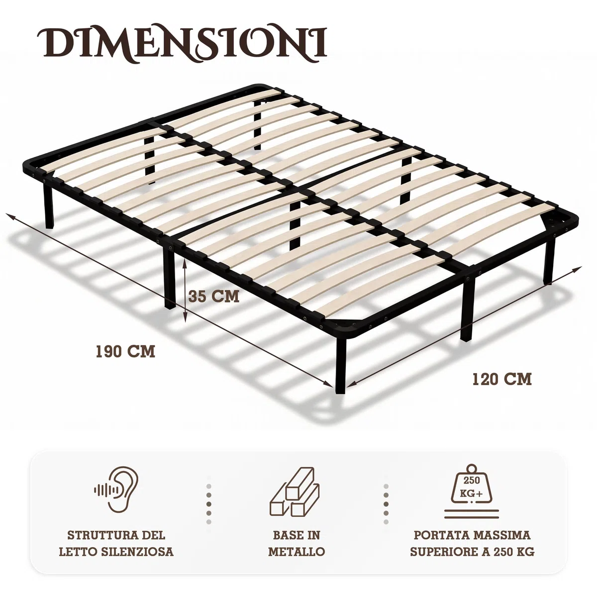 DEWINNER Rete Una Piazza e Mezza 120x190 | Altezza 35cm | 9 Gambe | 2x14 File di Doghe | Rete Ortopedica | Letto una piazza e mezza rete 120x190 | Da montare | Per Letto Cameretta