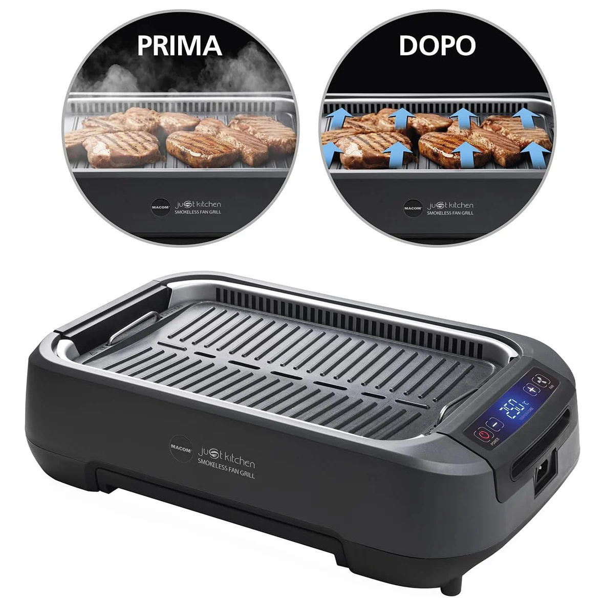 MACOM Griglia/Piastra Elettrica Con Cappa Aspirante Integrata e Doppio sistema filtrante,Indoor,Senza Fumo Senza Odori,Temperatura regolabile sino a 250°,1500W, Just Kitchen 849 Smokeless Fan Grill