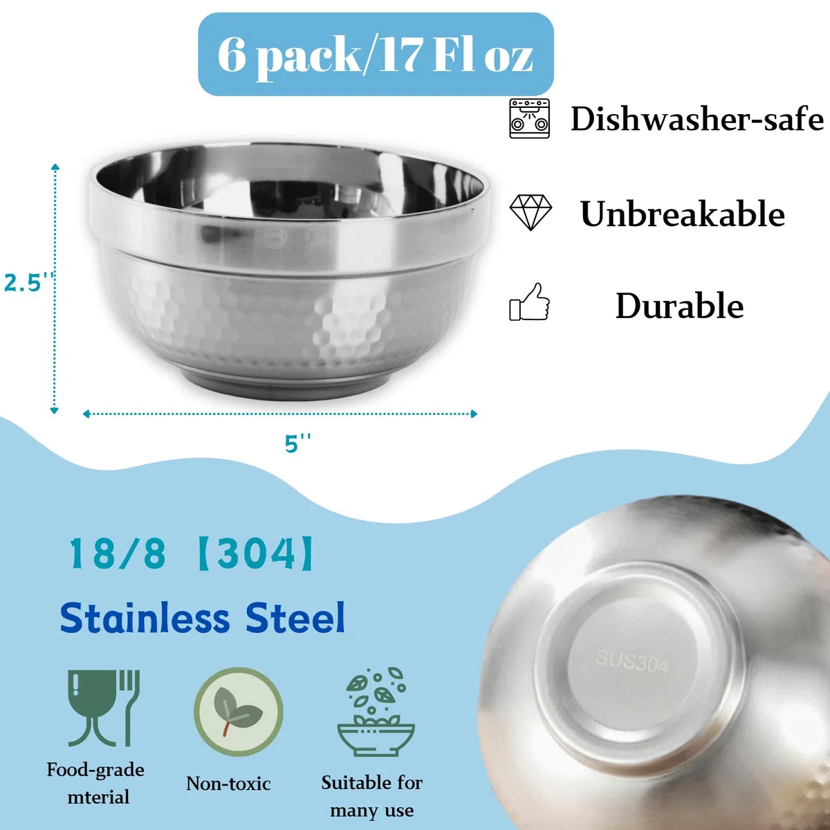 ZENFUN Confezione da 6 ciotole in acciaio inox 18/8, 500 ml, ciotole isolate a doppia parete, per snack, cereali, riso, frutta, insalata, gelato, per uso alimentare