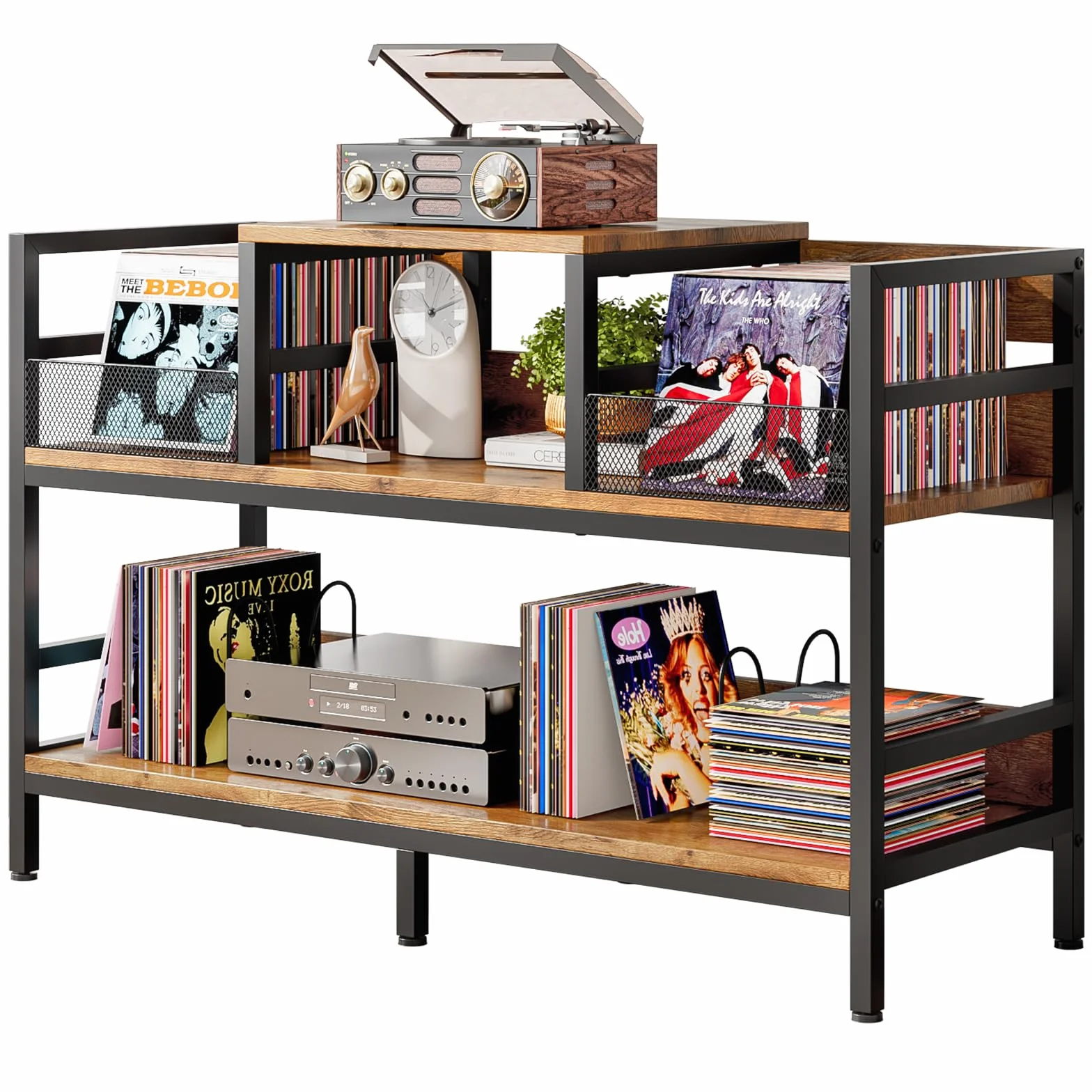 Mobile Giradischi e Porta Vinili in Stile Industriale, Mobile per Giradischi e Vinili con Struttura in Metallo e Legno, Supporto per Giradischi con Capacità 350 Dischi, 116,5×37×77,5 cm (Marrone)