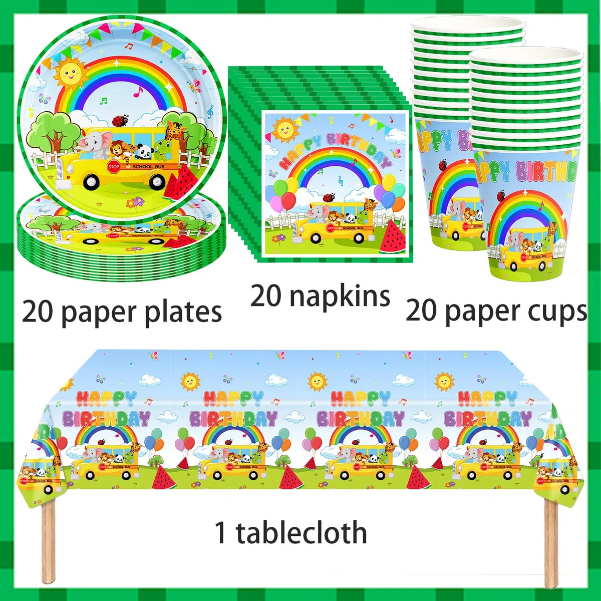 Set di decorazioni per feste di compleanno a tema fattoria verde per bambini, 61 pezzi include piatti di cartone, tazze, tovaglioli e tovaglie per 20 bambini, festa di compleanno a tema fattoria con