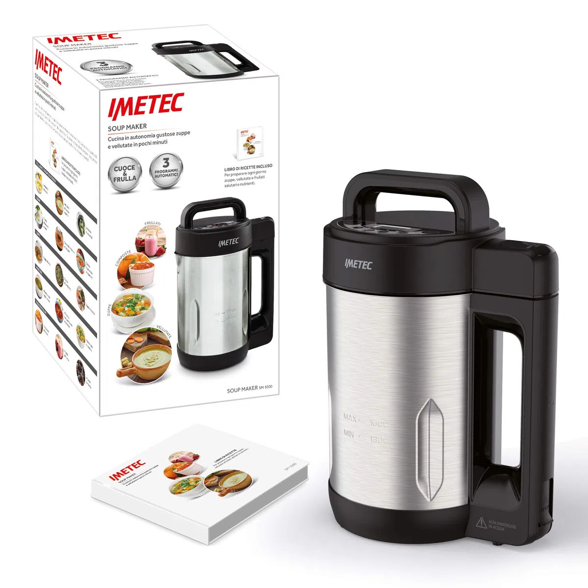 Imetec Sm 1000 Soup Maker, Cuoce E Frulla, 3 Programmi Automatici, Vellutate, Zuppe E Frullati, 6 Porzioni, Lame Seghettate Acciaio Inox, Con Ricettario, 900 W, 1.6 Litri