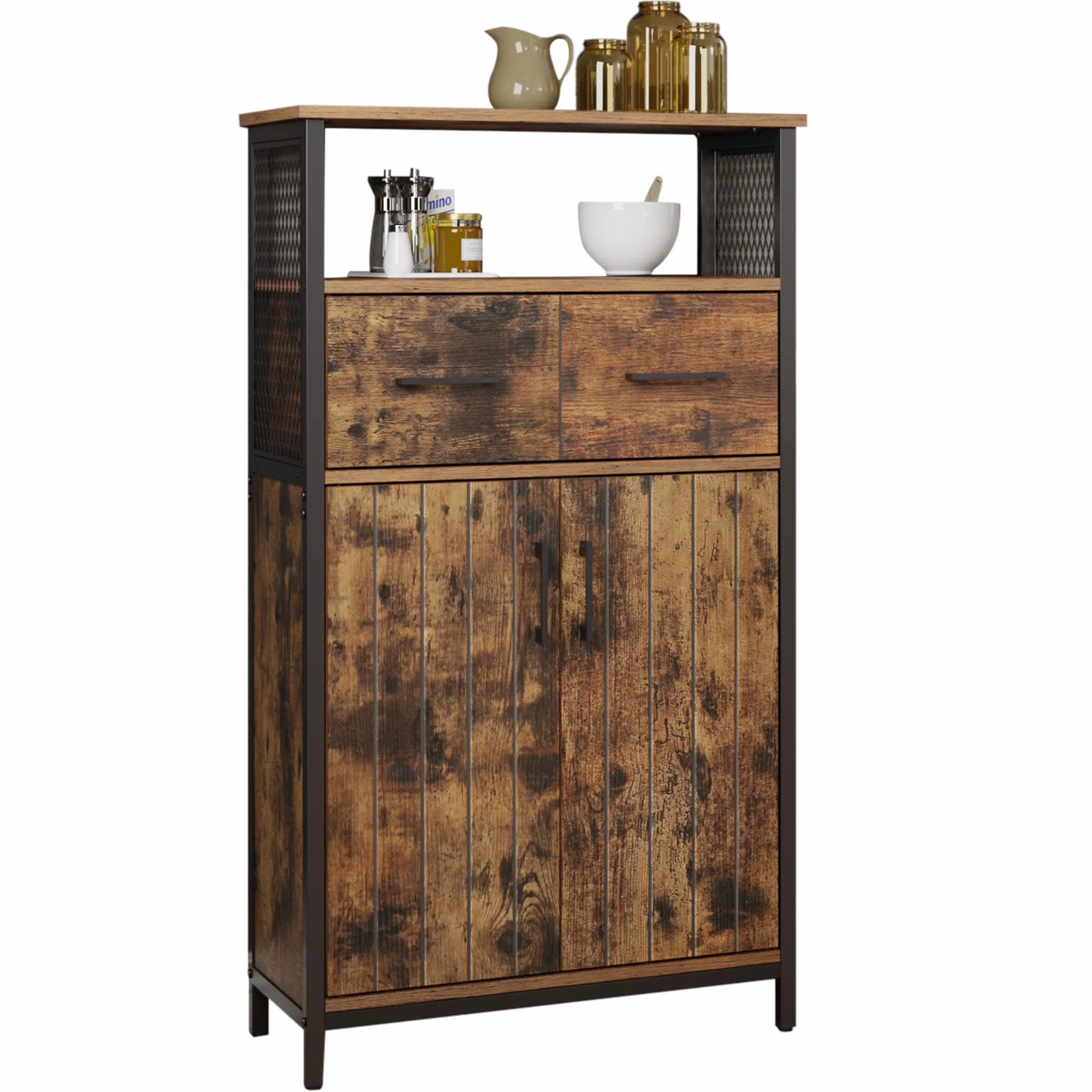 VASAGLE Mobiletto Multiuso, Armadietto, Credenza, con Cassetto e Ripiano Regolabile, Mobile da Bagno, Struttura in Acciaio, per Salotto Cucina, Marrone Vintage e Nero LSC261B01