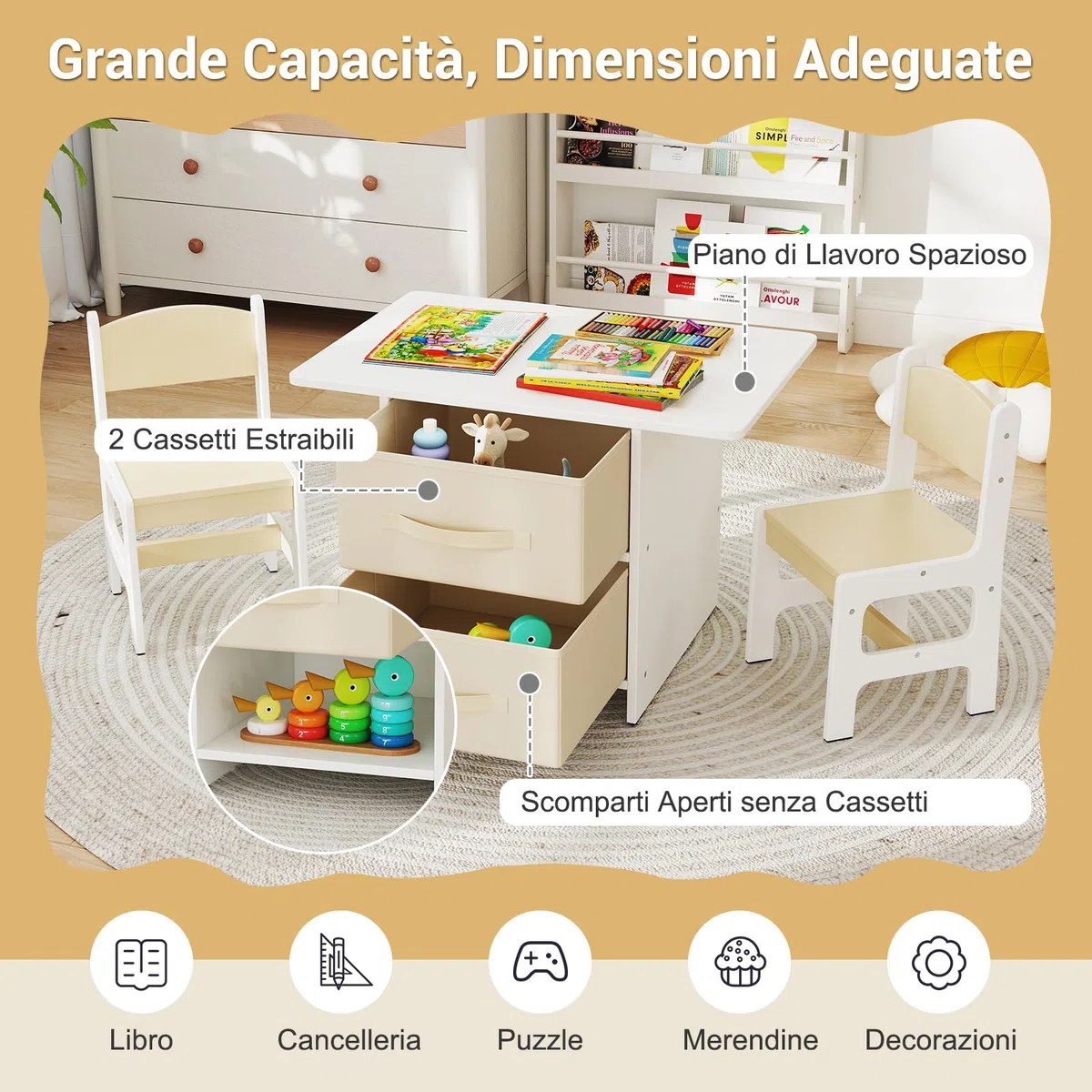 RELAX4LIFE Tavolo per Bambini con 2 Sedie Ergonomiche e 2 Cassetti in Tessuto Rimovibili, Set Scrivania e Sedia per Bambini dai 3 Anni in Su per Giocare e Studiare, Carico 50 kg (Beige)
