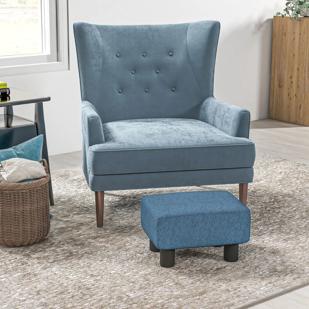 HOMCOM Pouf Poggiapiedi Imbottito in Tessuto di Lino e Plastica, Ottomana Rettangolare con Seduta Imbottita, per Soggiorno e Camera da Letto, 40x30x24 cm, Blu Scuro