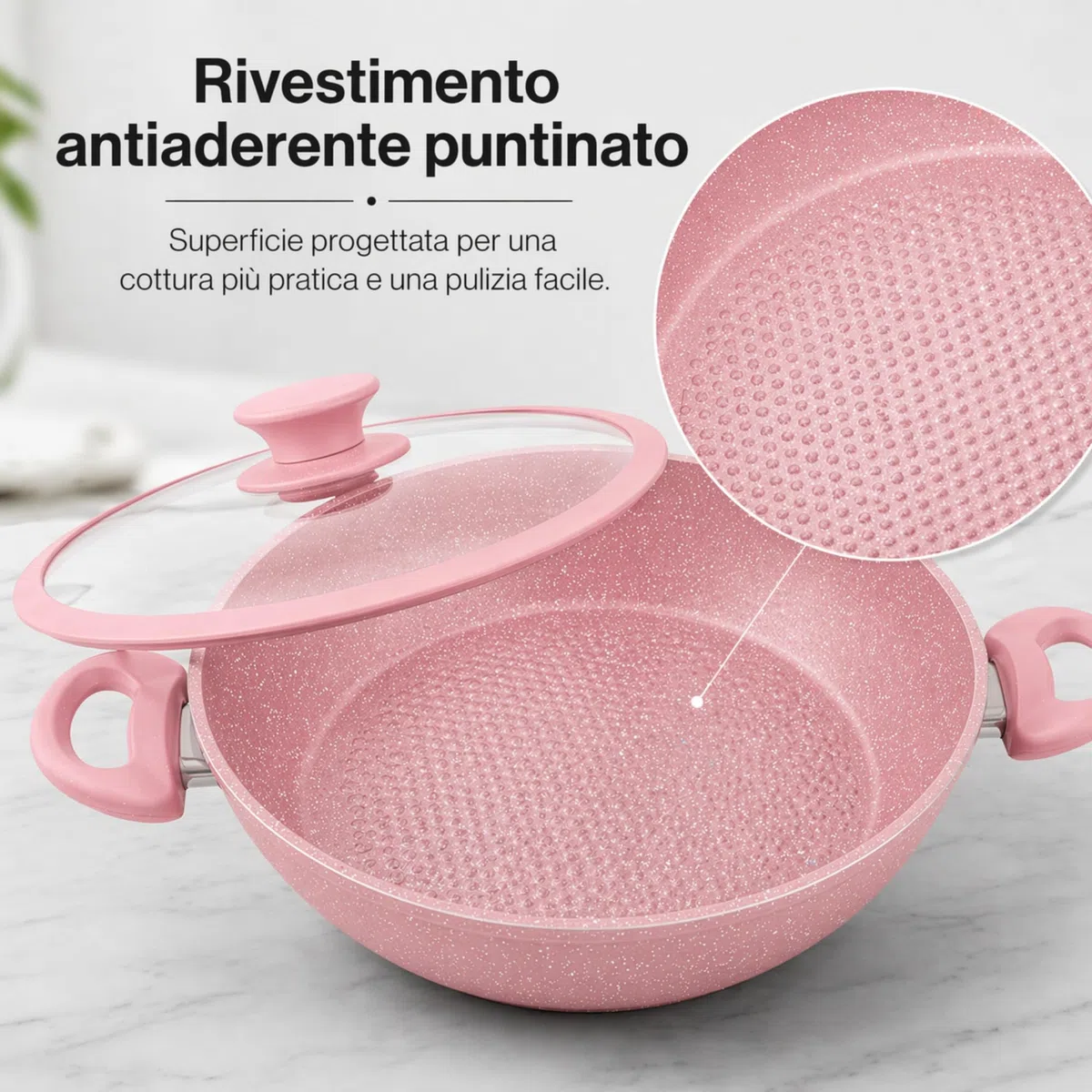 VKZ Set Pentole e Padelle 3 Pezzi, 3 Padelle Antiaderenti con 3 Coperchi in Vetro + 1 Utensili da Cucina, Rivestimento Antiaderente, Manici Ergonomici, Adatte a Gas e Induzione(rosa)