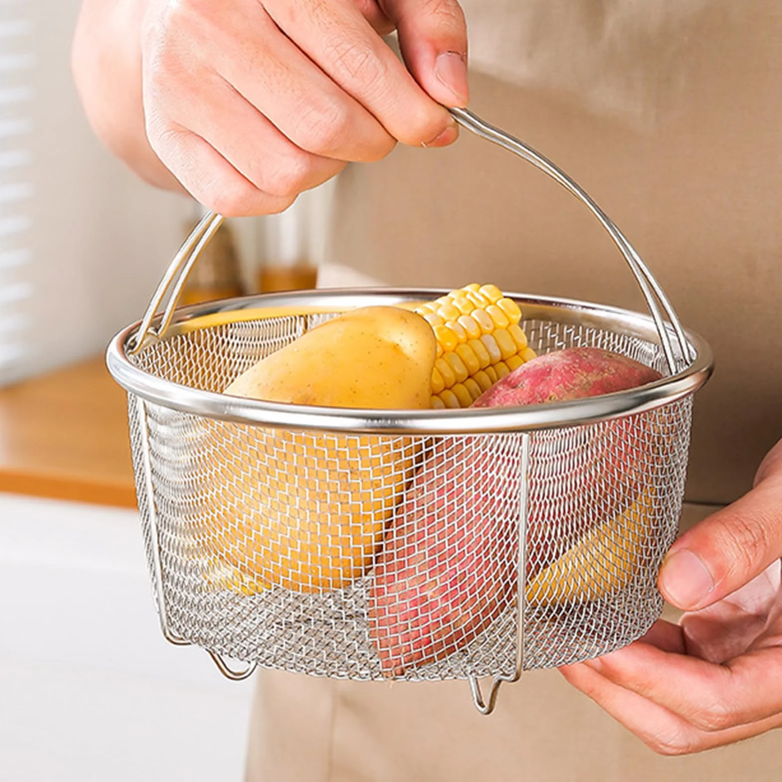 Cestello per Cottura a Vapore in Rete, Ø 20 cm Cestello per Colino in Rete con Manici Pieghevoli in Acciaio Inox, Cestello Verdura Risciacquo Drenante per Verdure e Alimenti, Lavabile in Lavastoviglie