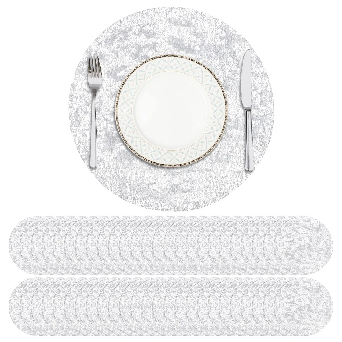 Rotonde Tovagliette Usa e Getta,Set di 50 Tovaglietta in Rete Pressata PVC 33cm,per Tavolo da Cucina Natale e Feste Decor(Argento)