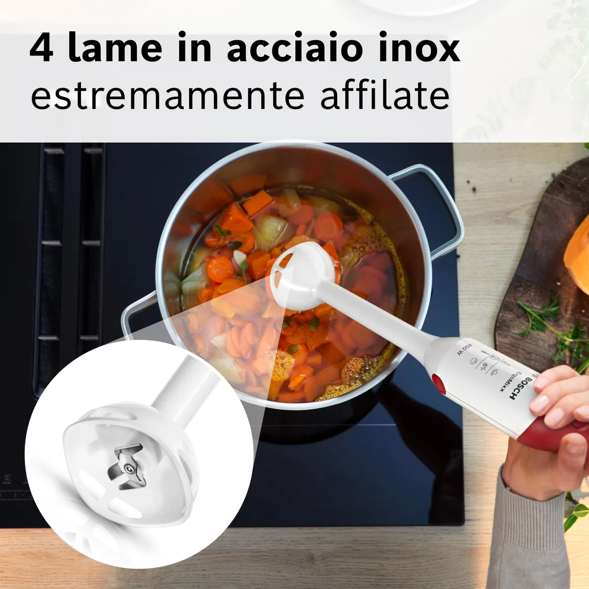Bosch Frullatore a Immersione MSM64010, 450 W, Impugnatura Ergonomica, Lama a 4 Ali Anti Schizzi, 2 Livelli di Velocità, Bicchiere Graduato Incluso, Bianco, Rosso