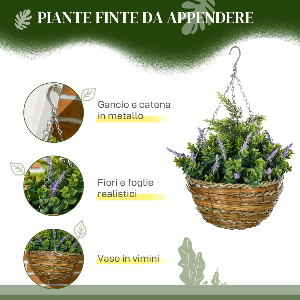 Outsunny Set 2 Piante Finte di Lavanda con Vaso e Gancio, Piante Artificiali in PE e Vimini, Ø25x34 cm, Verde e Viola