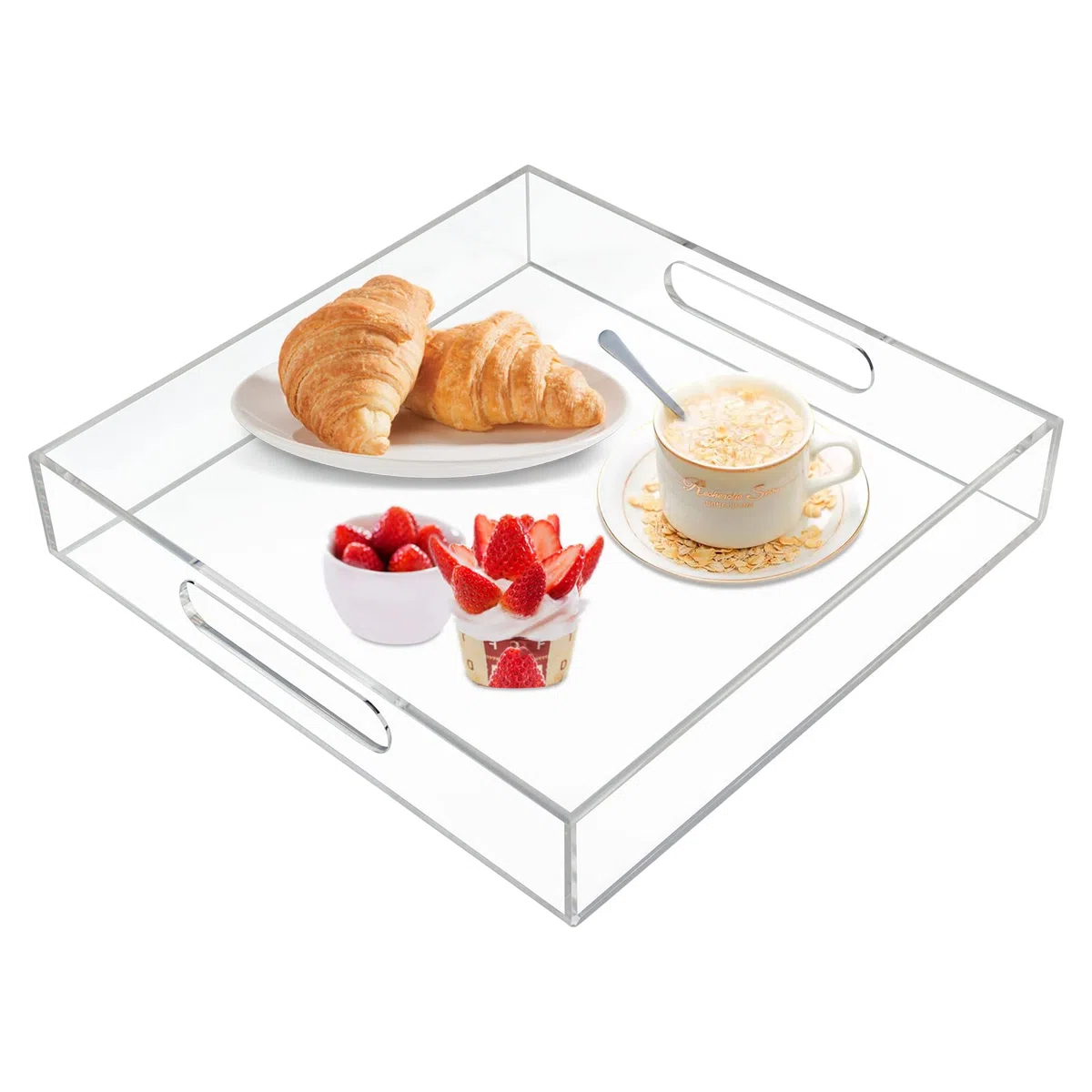 Vassoio da portata trasparente 30 x 30 cm, vassoio in plastica acrilica con manici, vassoio decorativo in acrilico per piano ottomano, snack, frutta