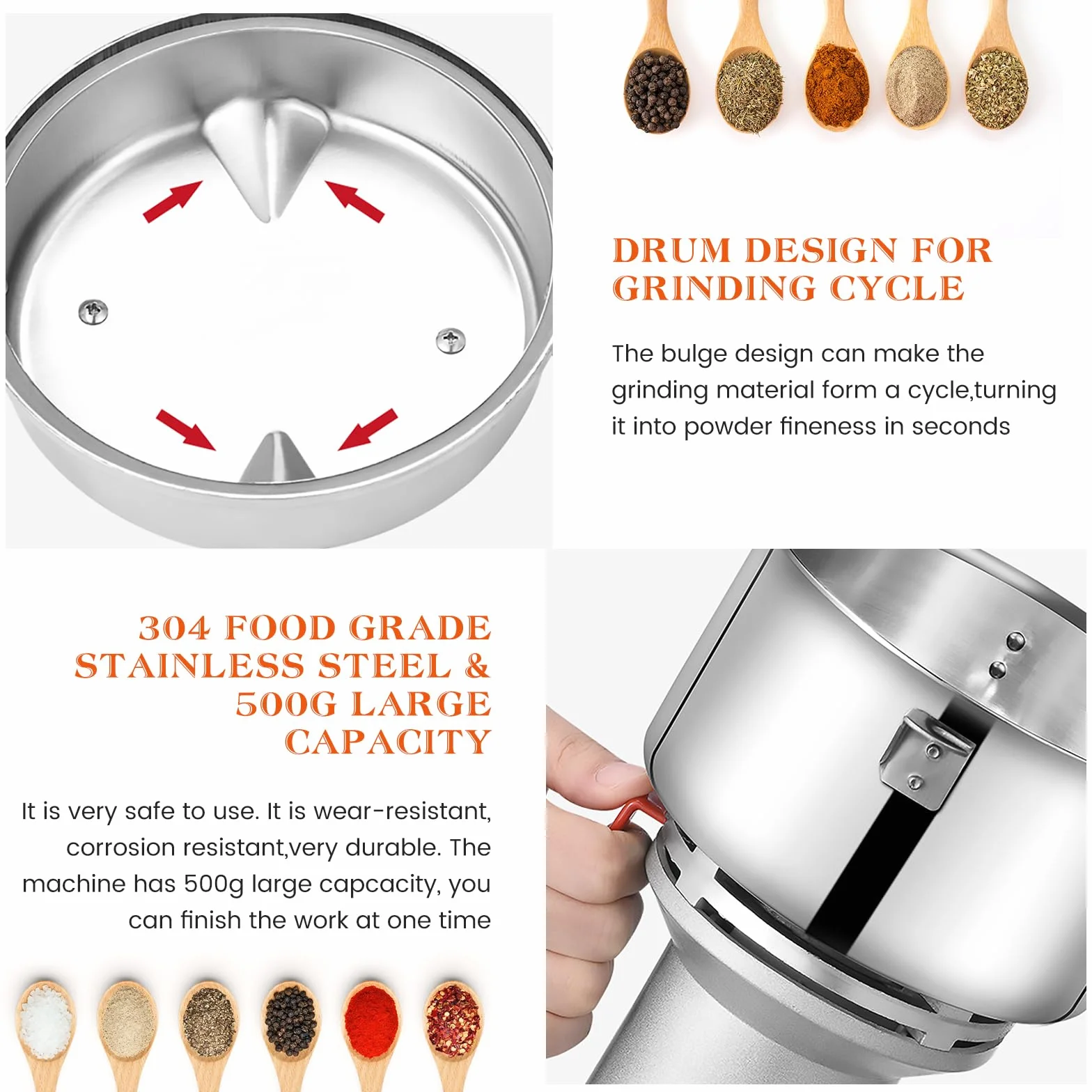 Mulino per Cereali, 500 g Grinder per Cereali Elettrico in Acciaio Inossidabile Mulino per Farina ad Alta Velocità 28000 giri/min Motore 30s Macinazione Fine per Grano Spezie Caffè Mais