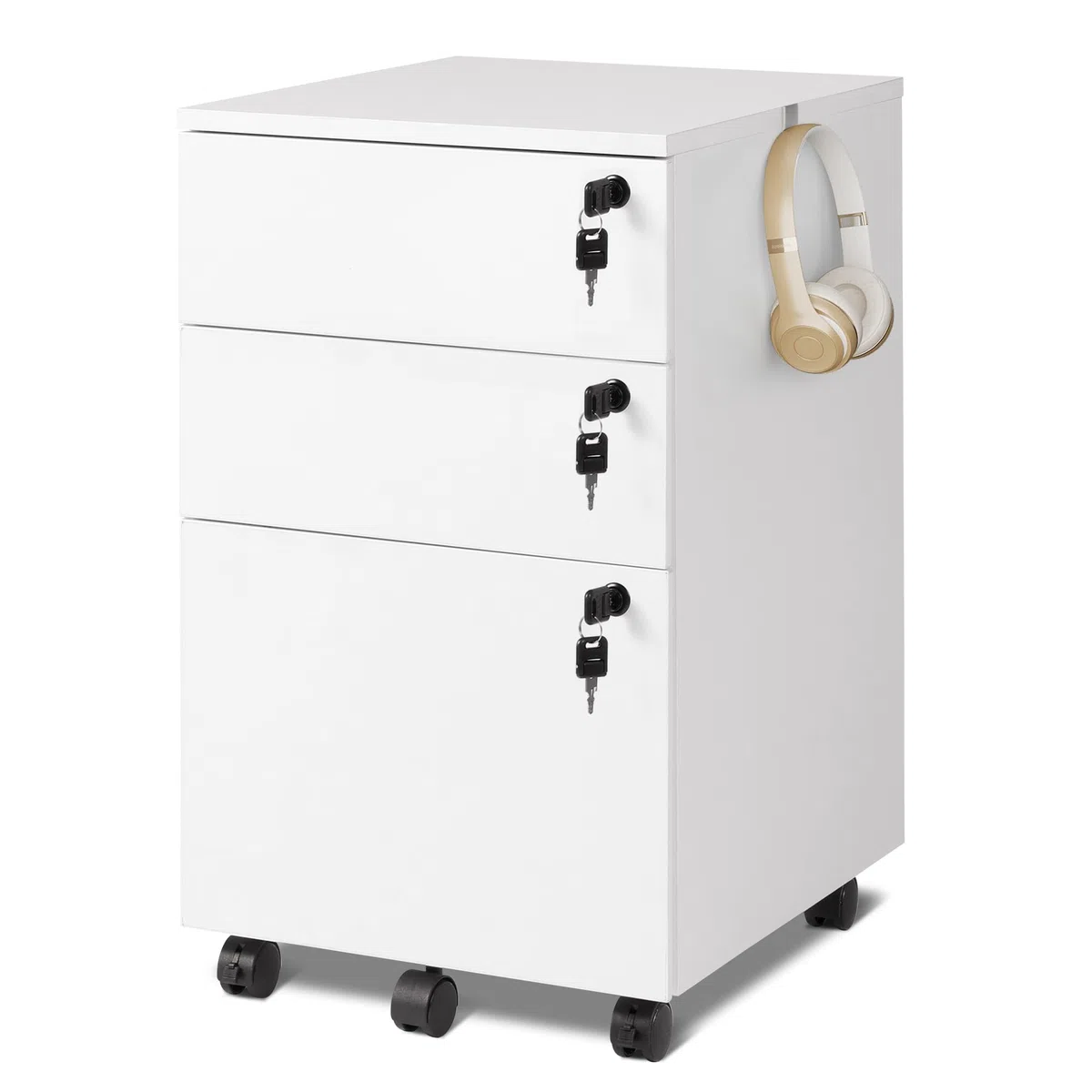 DEVAISE Mobile Archiviatore a 3 Cassetti con Serratura, Cassettiera Sottoscrivania in Legno per Casa/Ufficio, Ideale per Formato Lettera/A4, Bianco