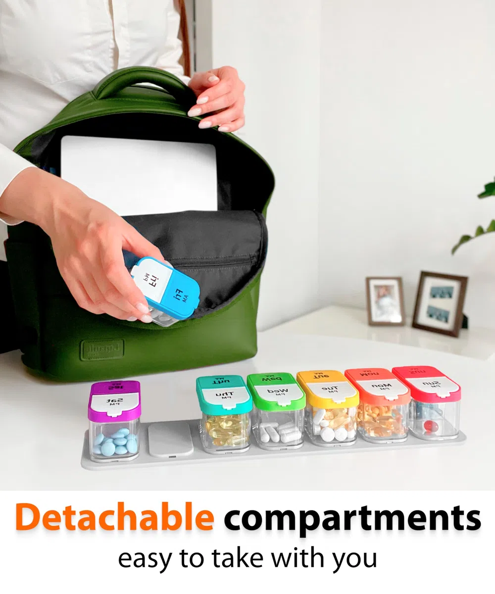 Portapillole settimanale XL con 7 scomparti staccabili AM PM - Dispenser portatile per medicinali per casa e viaggi, grande contenitore per integratori per uso settimanale o quotidiano, arcobaleno