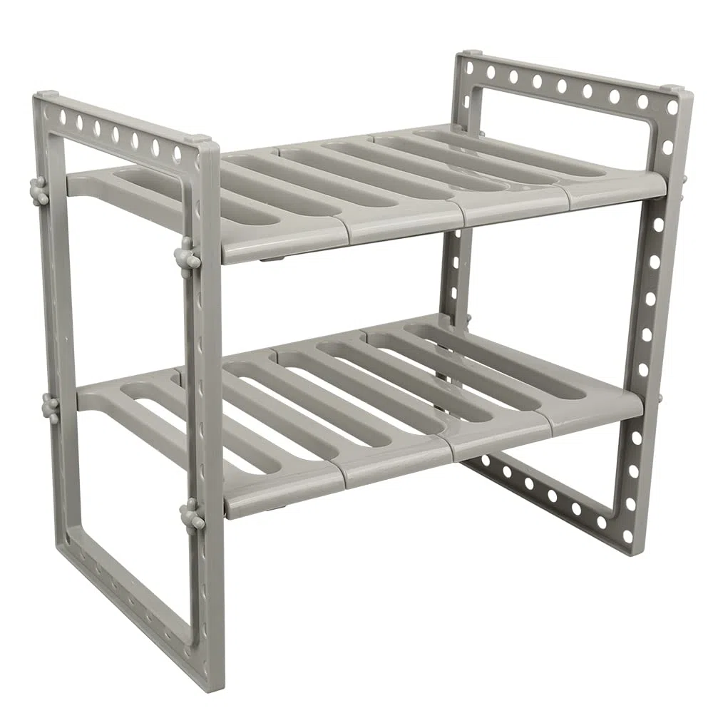 Scaffale Sottolavello Stoviglie– Stoviglie Ripiano PP rack estensibile organizzatore sotto il lavello scaffale espandibile di stoccaggio, 2 livelli, per cucina, bagno-38-70*26*38 cm (grigio)