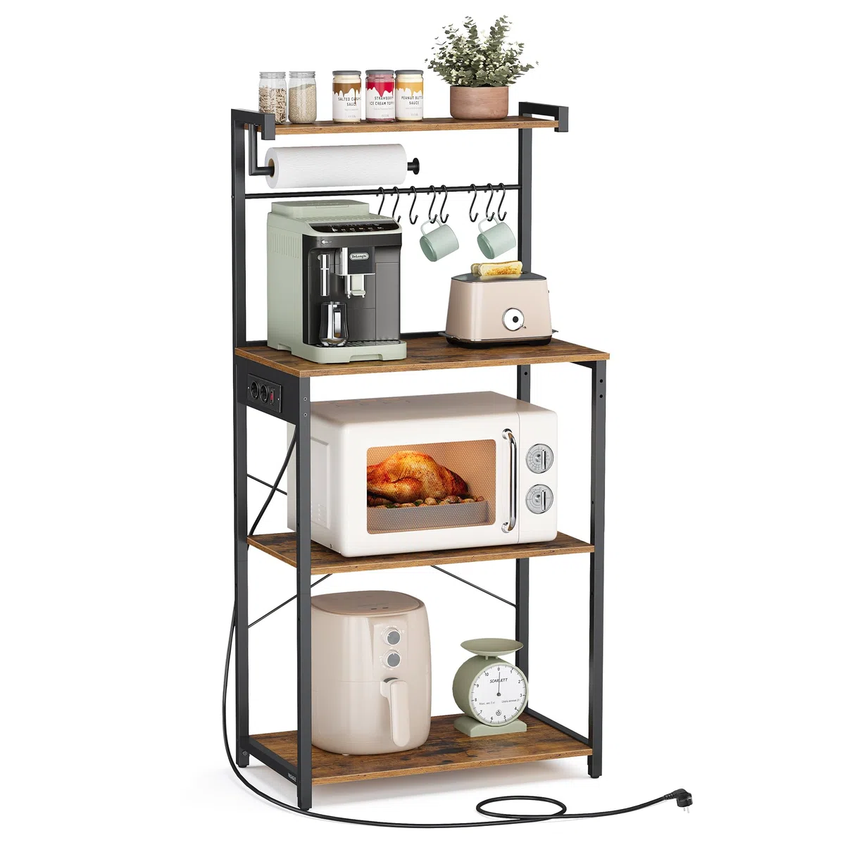 VASAGLE Scaffale da Cucina con Presa Elettrica, Bar Caffèa 4 Ripiani con Uno Regolabile, Supporto per Microonde, Porta Carta da Cucina, 40 x 60 x 140 cm, Marrone Vintage e Nero Inchiostro KKS014K02