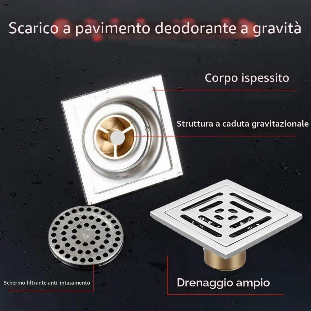 Scarico per doccia quadrato sifone per pavimento antiodore, in acciaio inox scarico del pavimento con filtro per bagno, giardino, 100 mm x 100 mm