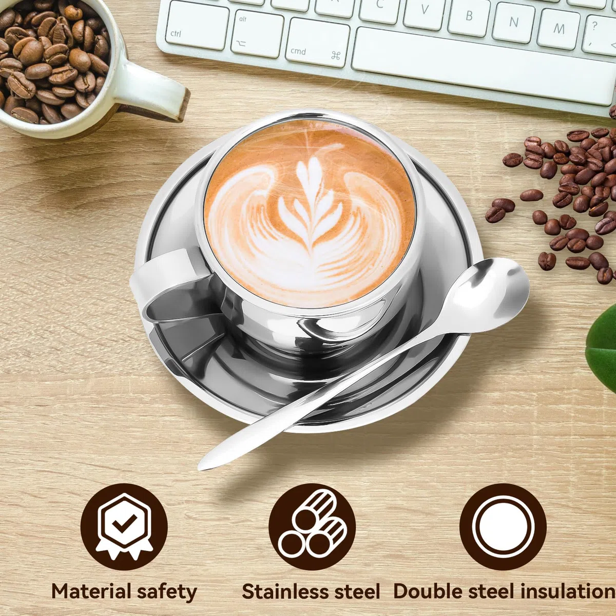 Agatige Set Di Tazza Da Caffè Tazza Da Caffè a Doppia Tazza in Acciaio Inoxparete Da 4 Once Con Piattino E Cucchiaio,Da Caffè Espresso per Tè E Caffè Cappuccino