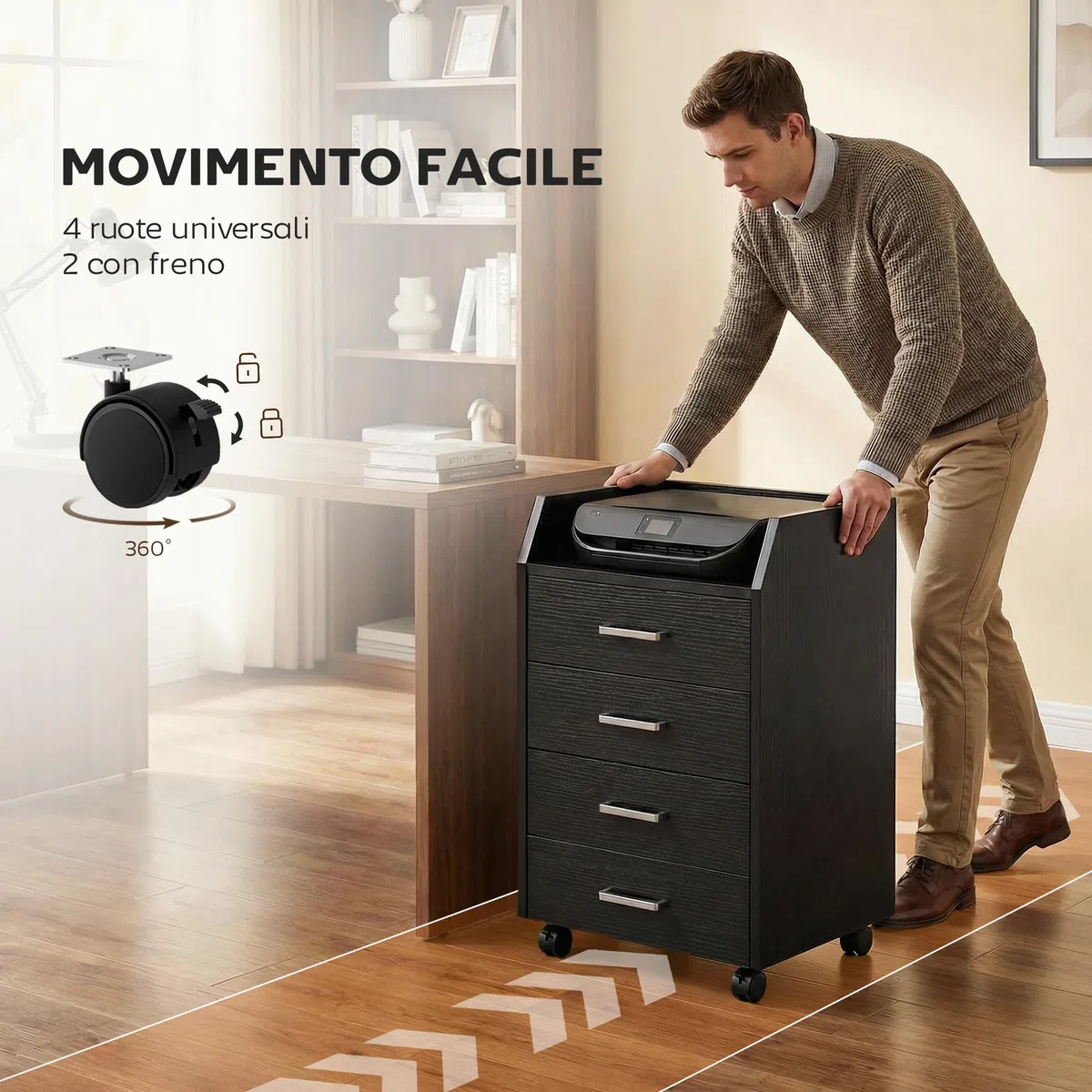 Vinsetto Schedario da Ufficio con 4 Cassetti, Ruote a Freno, Cassettiera Scrivania per Lettera Documenti, Ripiano, Cassettiera Ufficio per Studio Sotto Scrivania, 40x36x65 cm, Effetto Legno Nero