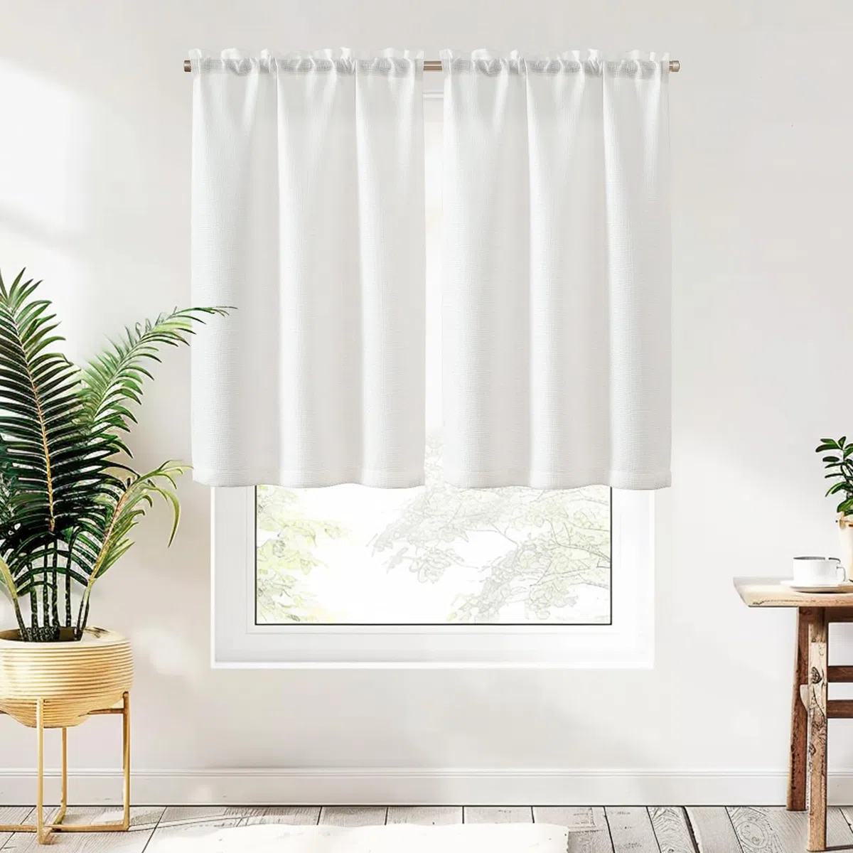 TOPICK Tende Passante tenda da bistrot porta finestra balcone stile country roulotte 2 pezzi corte Filtro della luce rustiche soggiorno doccia tenda per interni 90L x 90A cm, Bianco