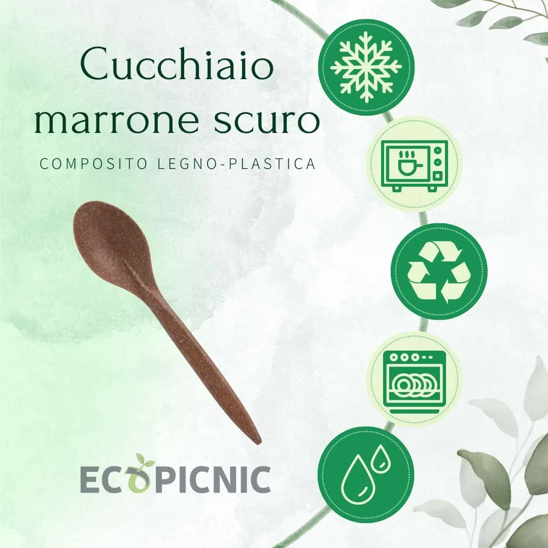 Cucchiai Monouso in WPC, Color Legno Scuro - Confezione da 100 Pezzi | Posate Biodegradabili per Finger Food, Dessert, Compleanni ed Eventi
