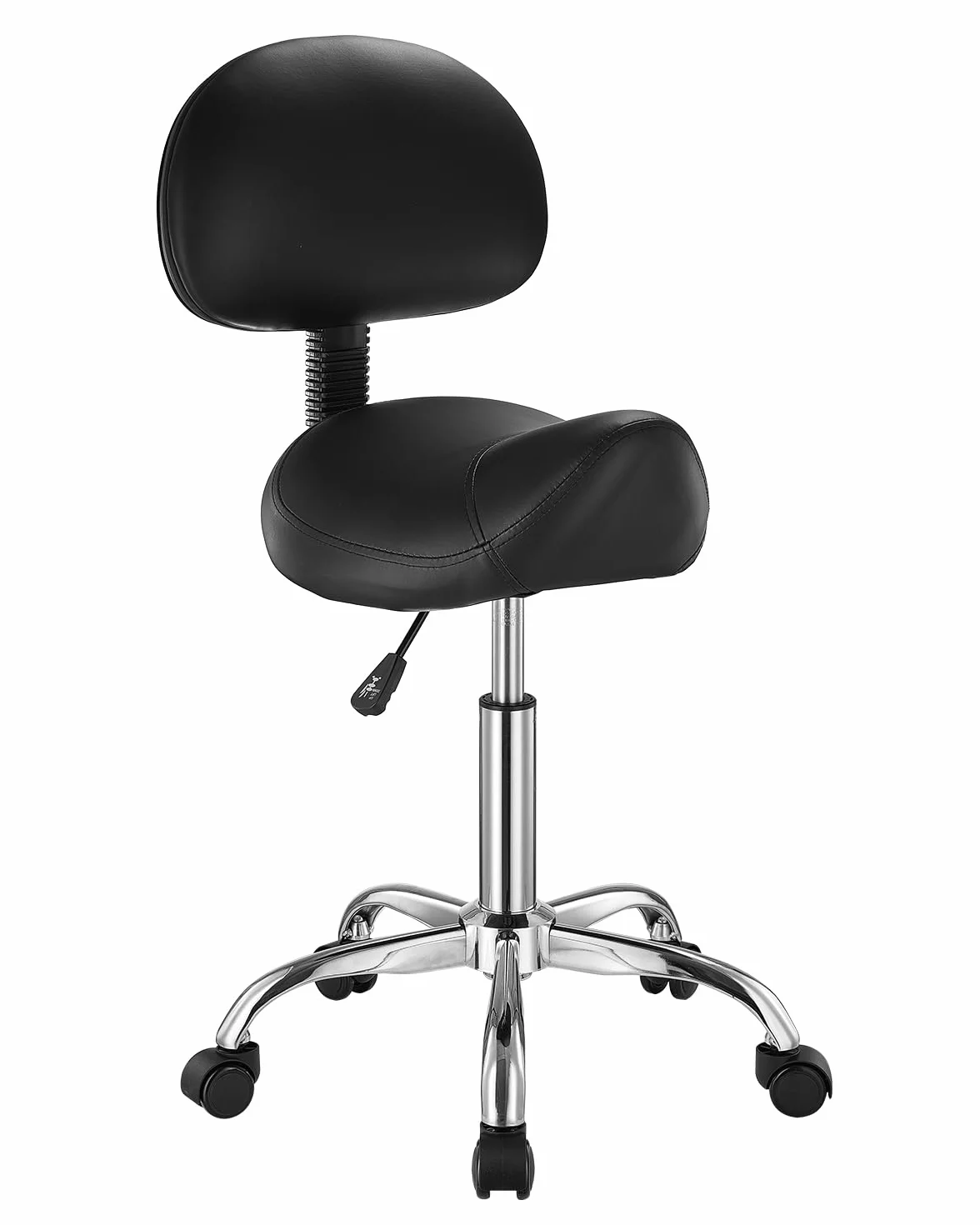 VEVOR Sgabello da Sella con Ruote Supporto per la Schiena, Capacità 204 kg, Sgabello Ergonomico Girevole in Pelle PU Ispessita Regolabile in Altezza per Salone, Massaggi, Clinica, Nero