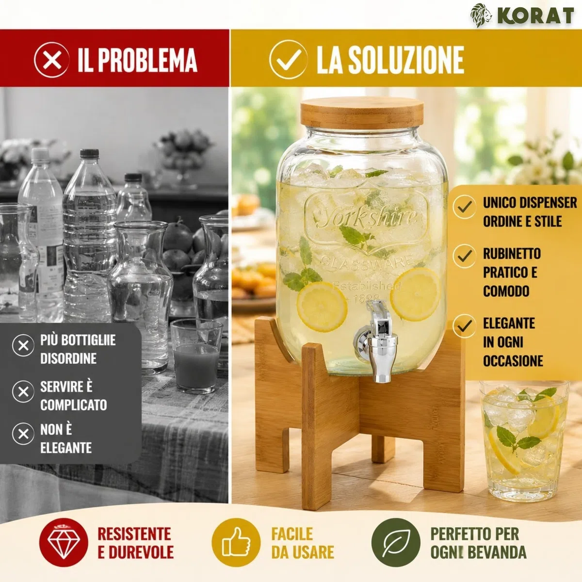 KORAT - Dispenser Bevande in Vetro con Rubinetto e Supporto in Bambù, Contenitore per Acqua, Limonata, Cocktail e Succhi, Tappo Ermetico, 8 LT - 18x24x44 Cm